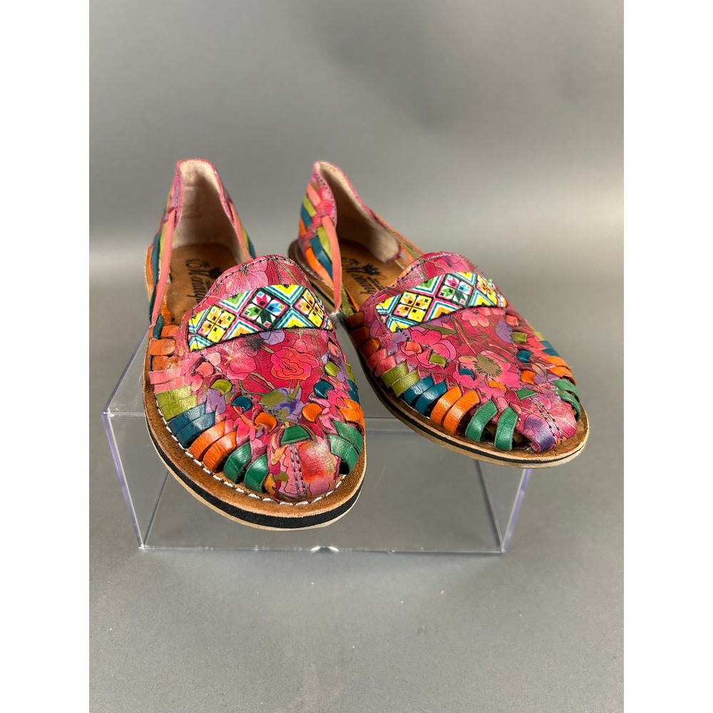 Monarquina Mexican Huarache Sandals Floral Woven Leather Flats Multicolored 10in